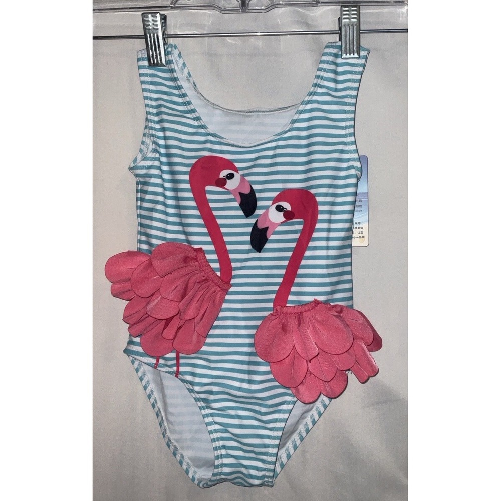 NWT Girl's Kimjun One Piece‎ Pink Flamingo Striped Swimsuit - Size 3T